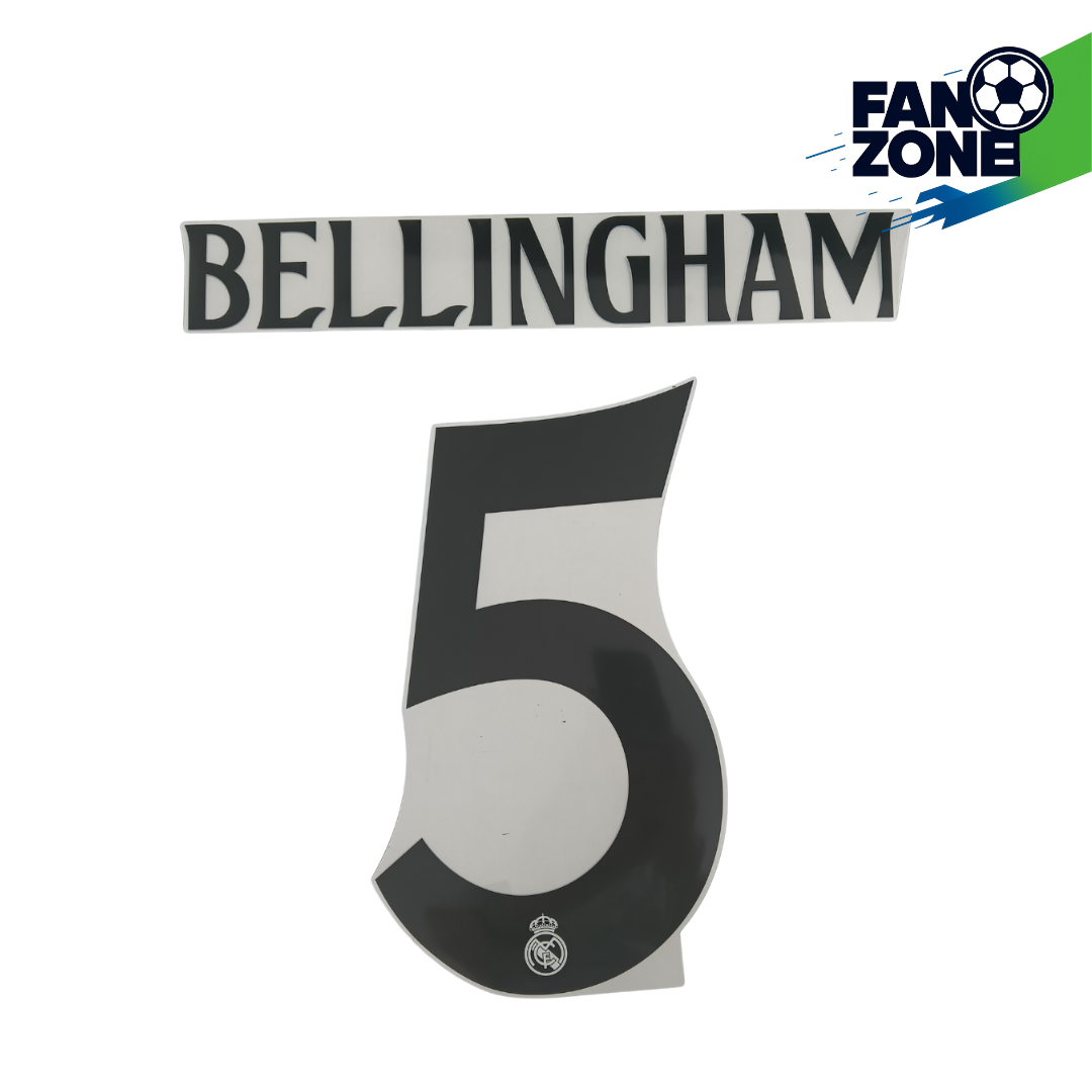 Official Jude Bellingham #5 Name Number Set – Real Madrid home Kit 2024/25 | Champions League cup Player Size Avery Dennison