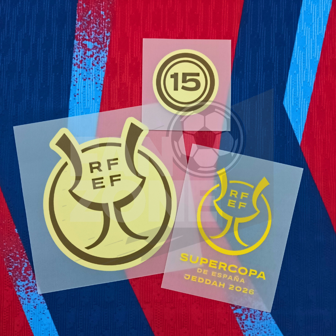 Kit completo de parches SUPERCOPA DE ESPAÑA 2026 FC Barcelona | Versión jugador (Player Issue) Stahls TPT