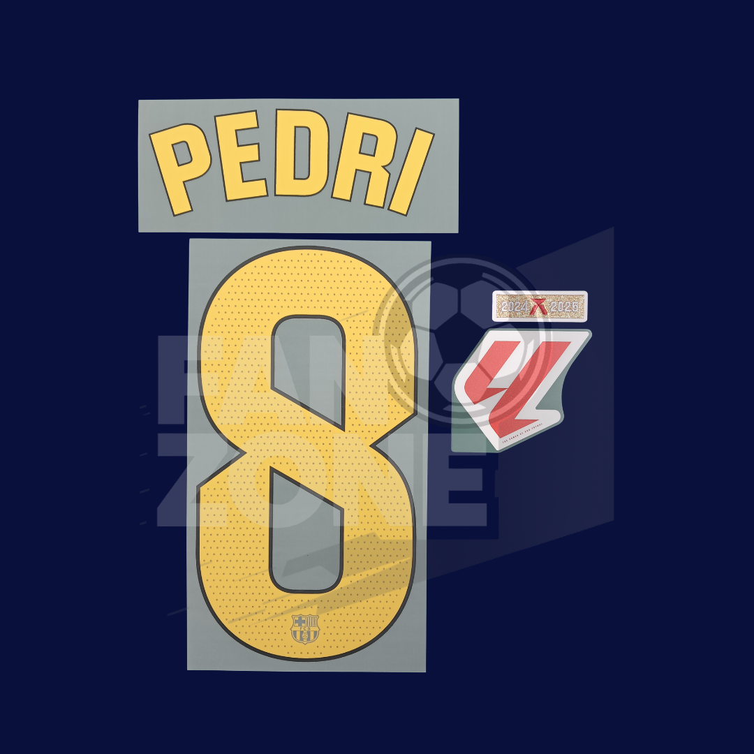 Kit PEDRI #8 Numeracion y parches Campeon La Liga– FC Barcelona jersey local 2025/26 | version jugador Stahls TPT Avery Dennison