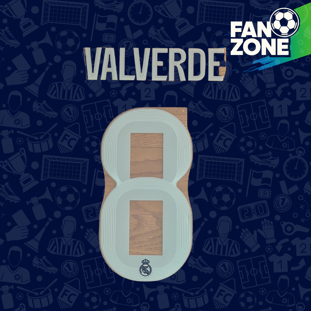 Official Federico Valverde #8 Name Number Set – Real Madrid away Kit 2025/26 | Champions League cup Player Size Avery Dennison