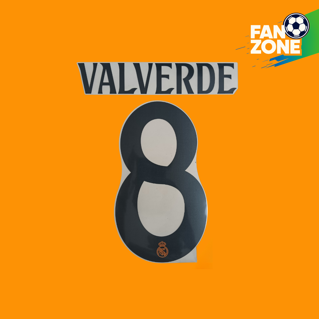 Official Federico Valverde #8 Name Number Set – Real Madrid away Kit 2024/25 | Champions League cup Player Size Avery Dennison