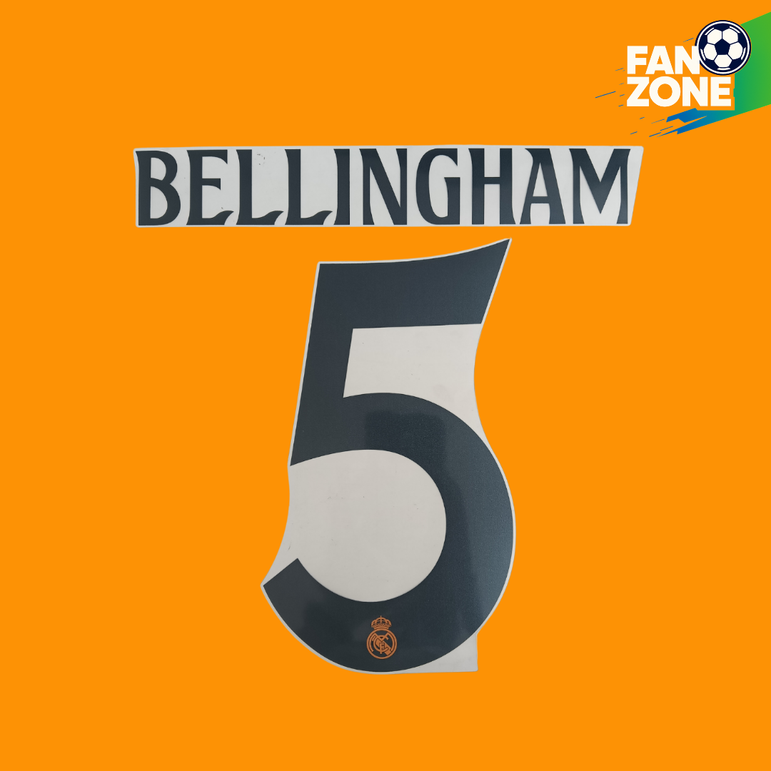 Official Jude Bellingham #5 Name Number Set – Real Madrid away Kit 2024/25 | Champions League cup Player Size Avery Dennison
