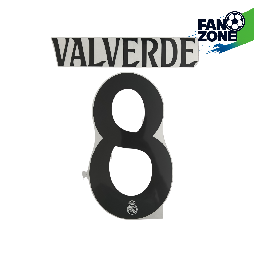 Official Federico Valverde #8 Name Number Set – Real Madrid home Kit 2024/25 | Champions League cup Player Size Avery Dennison