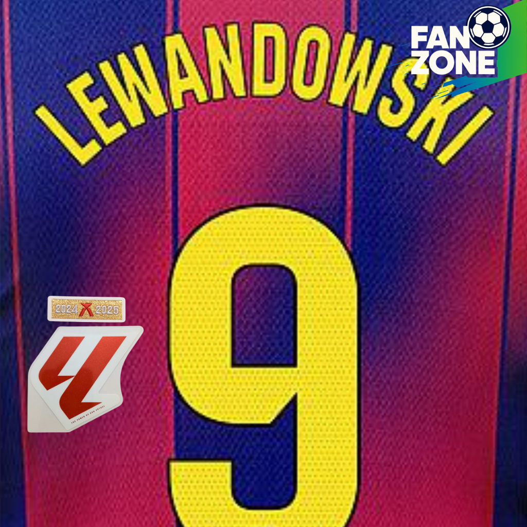 Official Robert Lewandoski #9 Name Number & Patch Set – FC Barcelona home Kit 2025/26 | La Liga Champions Player issue Stahls TPT Avery Dennison