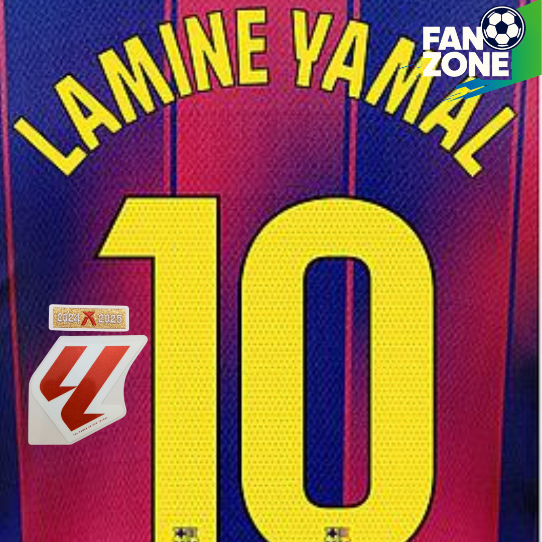 Official Lamine Yamal #10 Name Number & Patch Set – FC Barcelona home Kit 2025/26 | La Liga Champions Player issue Stahls TPT Avery Dennison