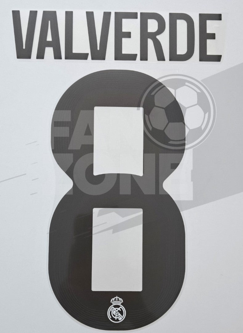 Official Federico Valverde #8 Name Number Set – Real Madrid home Kit 2025/26 | Champions League cup Player Size Avery Dennison