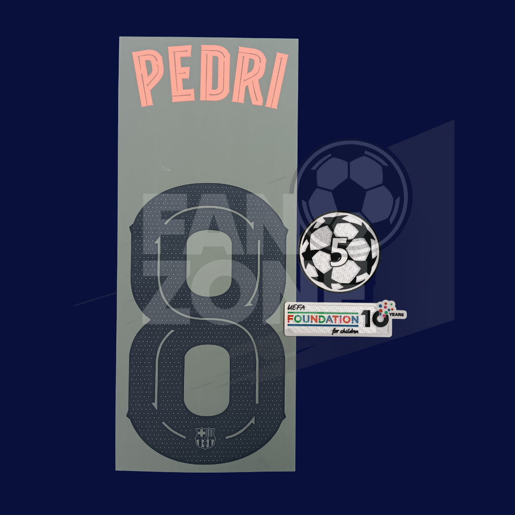 Kit PEDRI #8 Numeracion y parches Champions League– FC Barcelona Tercer jersey 2025/26 Total 90 | version jugador