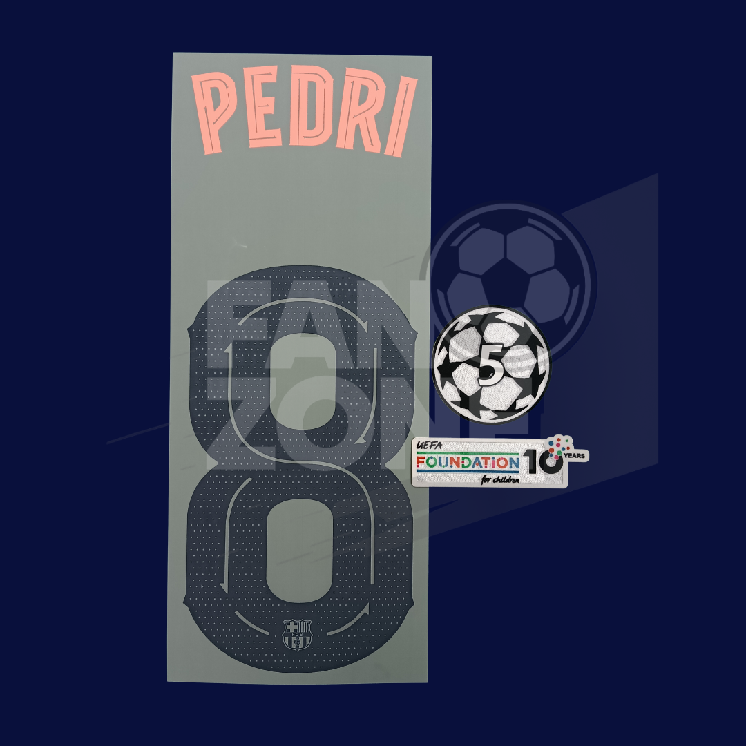 Kit PEDRI #8 Numeracion y parches Champions League– FC Barcelona Tercer jersey 2025/26 Total 90 | version jugador