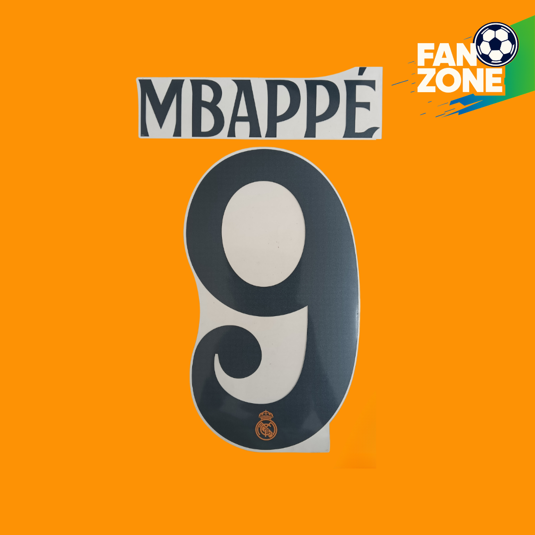 Official Killian Mbappe #9 Name Number Set – Real Madrid away Kit 2024/25 | Champions League cup Player Size Avery Dennison